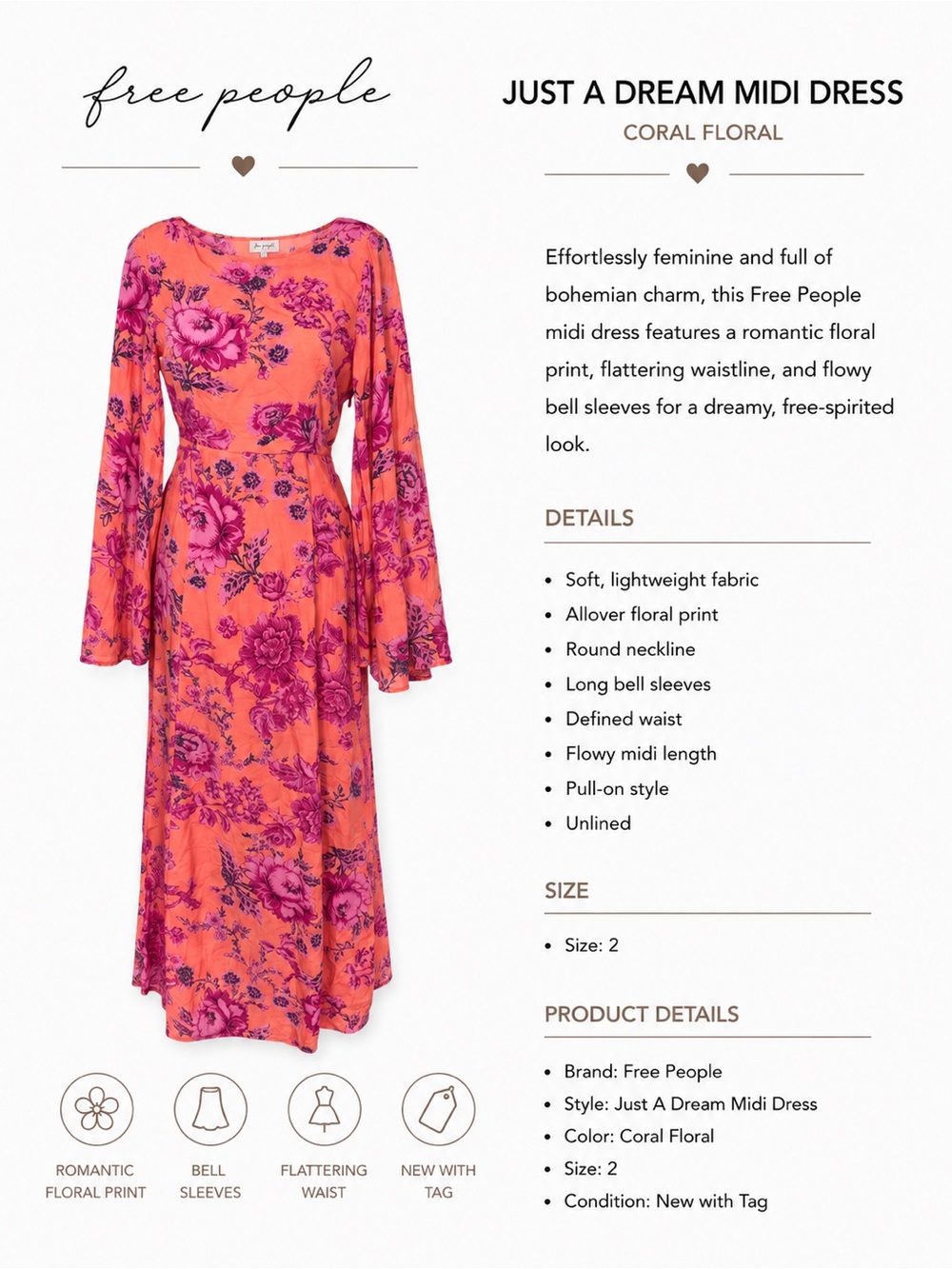 Free People Coral and Pink Floral Midi Dress